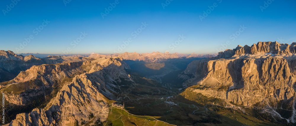 Aerial view of Pizes de Cir mountain range, Gardena Pass and Sella group, Italy