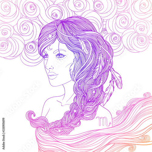 Portrait of Scorpio astrological sign as a beautiful girl. Zodiac vector illustration isolated on white. Future telling, horoscope, alchemy, spirituality, occultism. woman with braid and feathers.