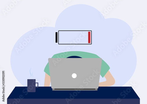 Illustration Cartoon of a Man Lie Down on His Laptop with Burnout Syndrome