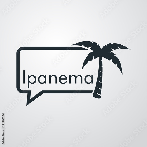 Destino de vacaciones. Logotipo con texto Ipanema en globo de habla con palmera en fondo gris
