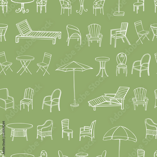 Hand drawn garden furniture. Vector  seamless pattern