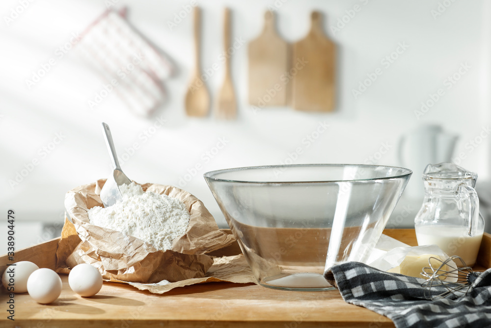 Breakfast on the table in the light of the morning sun on a moody holiday day