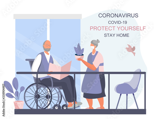 Stay Home Work Home on Balcony.Protect Yourself.Keeping Distance for Decrease Infection Risk For Prevent Virus Covid-19.Stay Home on Quarantine During the Coronavirus Epidemic.Vector Illustration