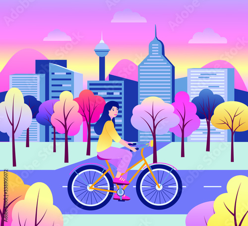 Cute happy young woman on bicycle. Flat cartoon colorful vector stock illustration. Woman riding in the park. Modern city or business center is behind her