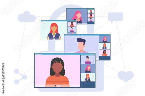 Video conferencing concept. Group of people have a conversation online. Four desktop screens with video call application. Vector flat style illustration isolated on white background.