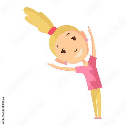 Fitness sport. girl posing and making gymnastic exercises. Funny cartoon colorful character. Cute gymnastics for children and healthy lifestyle sport illustration. Vector happy kid fitness