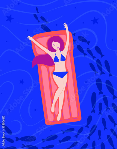 Flat girl, relaxing on a inflatable mattress. Woman swims in the sea. Vector stock illustration.