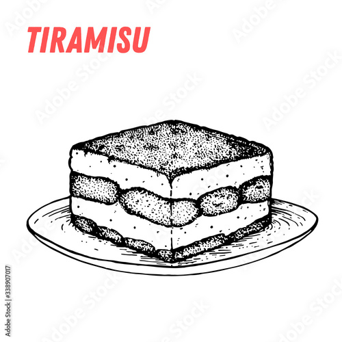Tiramisu sketch. Italian dessert vector illustration. Italian sweet hand drawn sketch. Vintage design template. Engraved style.