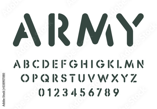 Stencil letters and numbers set. Spray paint stencil template, simple military style alphabet. Font for messages on wall, army or combat games. Vector typography design.
