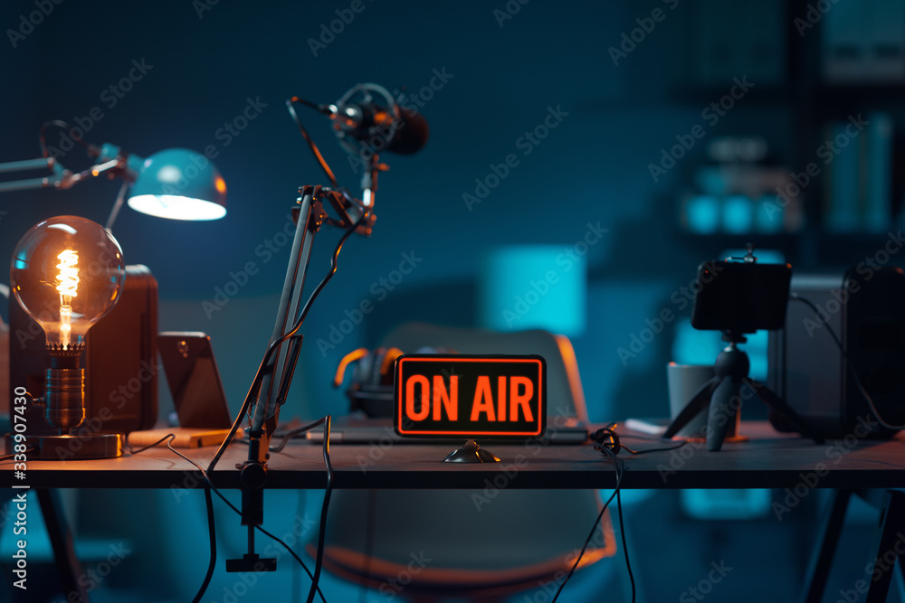 Live online radio studio with on air sign Stock Photo | Adobe Stock