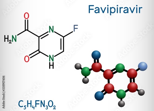 Favipiravir, C5H4FN3O2 molecule. It is antiviral medication, has activity against RNA viruses, avian influenza, Ebola virus, Lassa virus, COVID-19. Structural chemical formula and molecule model. Vect