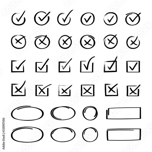 Super set hand drawn check mark with different circle arrows and underlines. Doodle v checklist marks icon set. Vector illustration