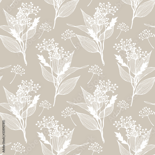 Wallpaper Mural Floral abstract seamless pattern with hand drawn leaves and plants. Line art sketch style. Colourful nature background Torontodigital.ca