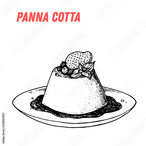 Panna cota sketch. Italian dessert vector illustration. Italian sweet hand drawn sketch. Vintage design template.