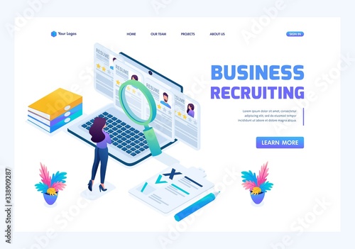 Isometric HR Manager, recruiting manager reviews the resume options on the site, bright color. Landing page concepts and web design