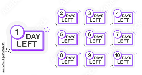 Collection purple numbers days left countdown template on white background. Flat design. Vector