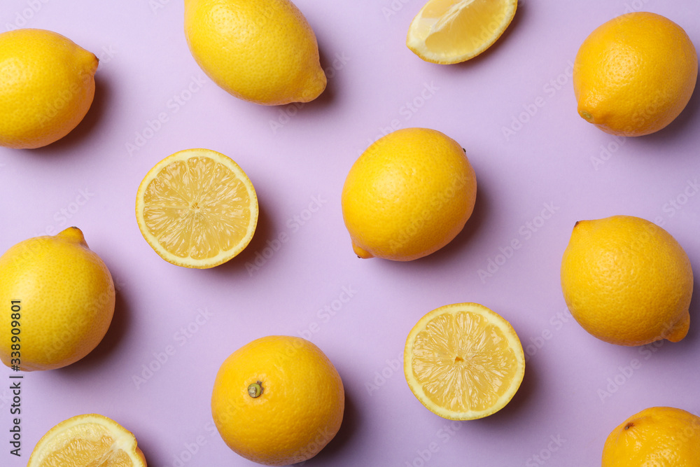 Flat lay with lemons on violet background. Fresh fruit Flat lay with lemons on violet background. Fresh fruit