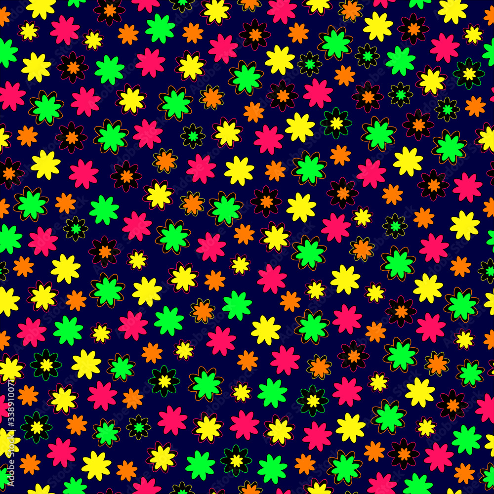 Seamless black background with the image of bright flowers. Cozy, cute, unusual print. Ideal for decoration of textiles, printed materials and background images. Vector graphics. 