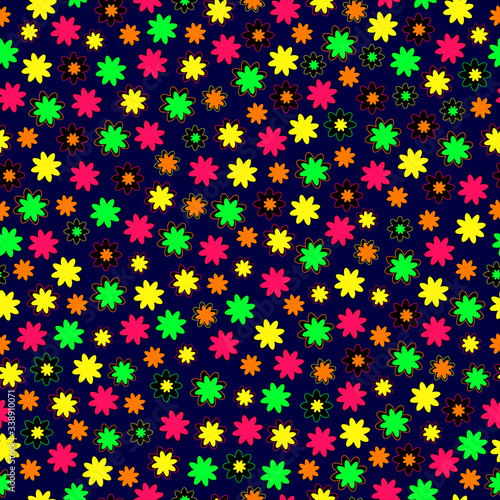 Seamless black background with the image of bright flowers. Cozy, cute, unusual print. Ideal for decoration of textiles, printed materials and background images. Vector graphics. 