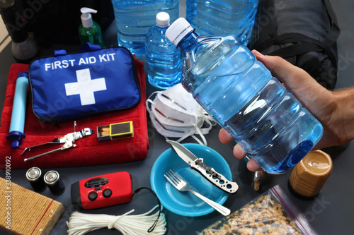 Disaster management includes preparing a disaster kit that can be contained in a go bag.These items should include a first aid kit,food,water,flashlight,radio,sleeping bag.Items that will help you.