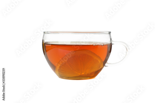 Tea with lemon slice isolated on white background