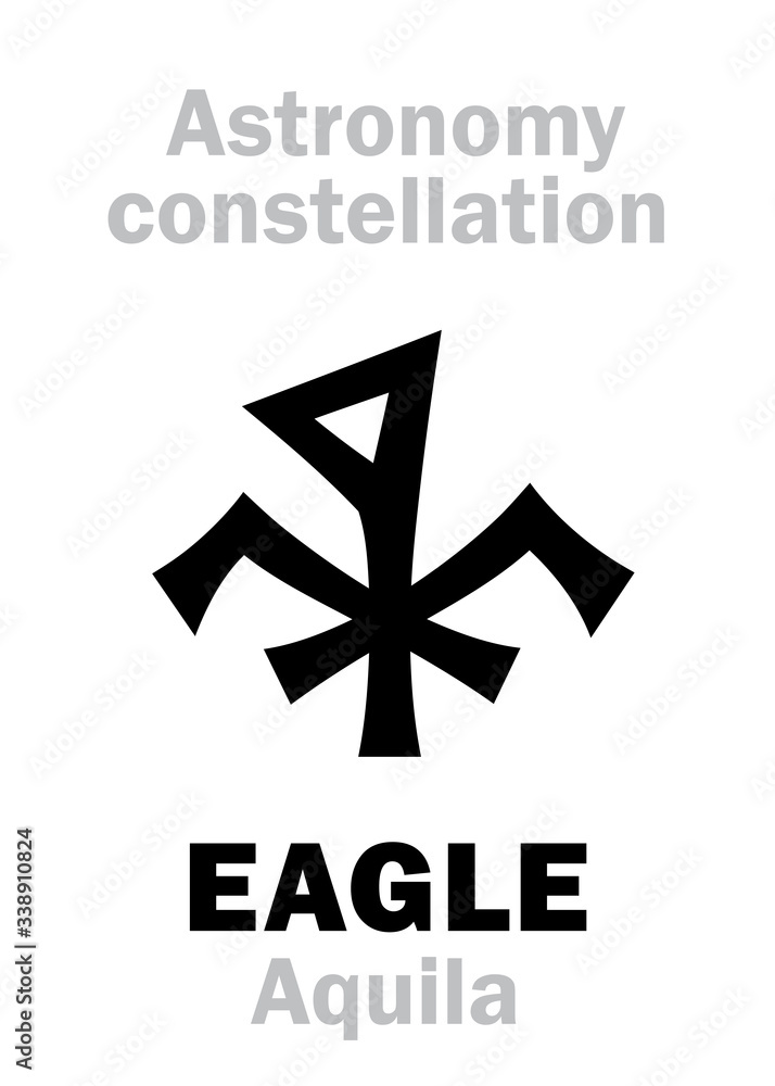 Astrology Alphabet: EAGLE (Aquila), constellation of The Northern Hemisphere. Astrological character, hieroglyphic sign, mystical symbol. Astrology Alphabet: EAGLE (Aquila), constellation of The Northern Hemisphere. Astrological character, hieroglyphic sign, mystical symbol.