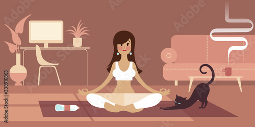 Girl and kitten take a yoga break while working from home. Flat graphic vector illustration.