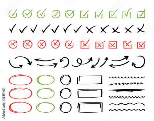 Super set hand drawn check mark with different circle arrows and underlines. Doodle v checklist marks icon set. Vector illustration