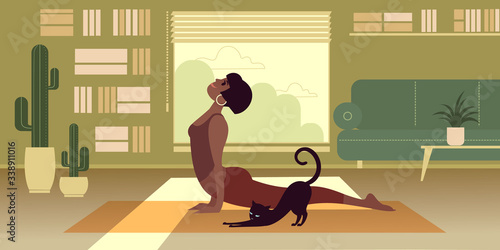 A dark-skinned girl in a snake pose practices yoga at home. Flat graphic vector illustration.