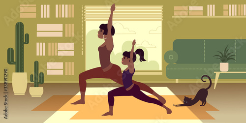 A dark-skinned girl with a younger sister or daughter practices yoga at home. Flat graphic vector illustration.