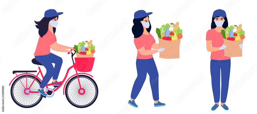 COVID-19. Coronavirus epidemic. Safe food delivery. Courier girl in a protective mask delivers food on a bicycle COVID-19. Coronavirus epidemic. Safe food delivery. Courier girl in a protective mask delivers food on a bicycle
