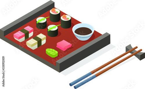 Vector isometric set of Japanese food delivery icon, sushi and roll with soy sous and chopstick