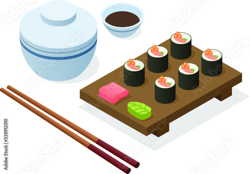 Vector isometric set of Japanese food delivery icon, sushi and roll with soy sous and chopstick