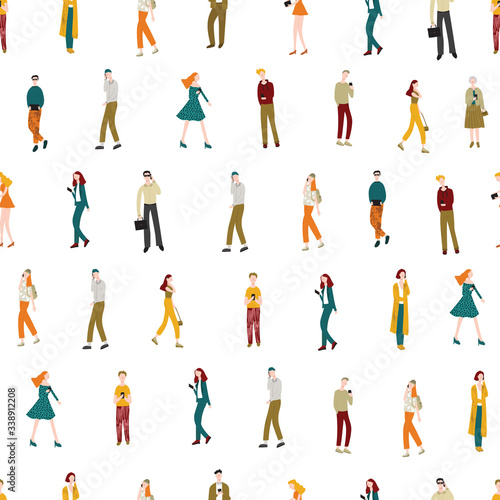 Cartoon Characters Men and Women Holding Smartphones Seamless Pattern Background. Vector