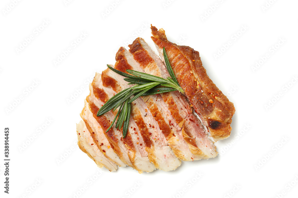 Chopped pork steak isolated on white background. Grilled food Chopped pork steak isolated on white background. Grilled food