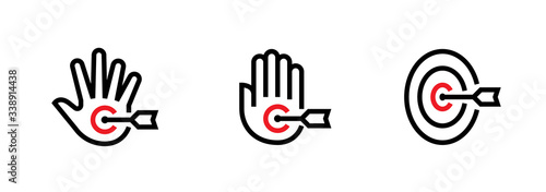Set of Hand, Palm and Goal Targets icons. Editable line vector.
