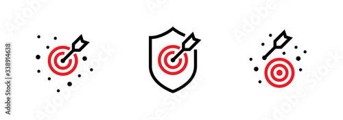 Set of the On Goal, Off the Aim and Hit Shield Targets icons. Editable line vector.