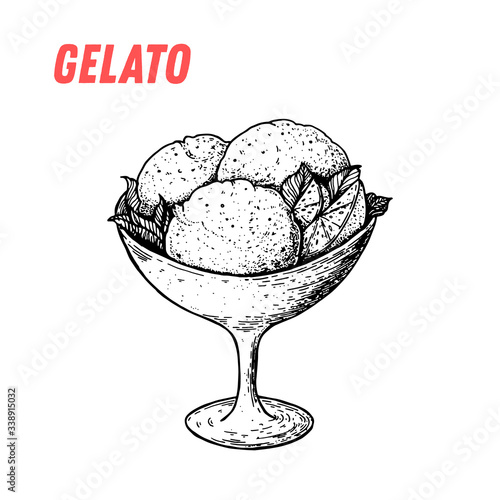 Gelato sketch. Ice cream. Italian dessert vector illustration. Italian sweet hand drawn sketch. Vintage design template.