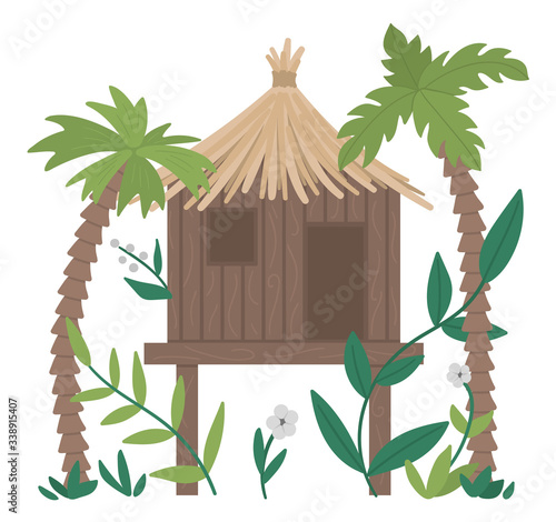 Vector illustration of jungle hoot with palm trees and leaves isolated on white background. Tropical bungalow on stilts picture. Cute funny exotic house in rainforest..