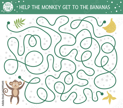 Tropical maze for children. Preschool exotic activity. Funny jungle puzzle. Help the monkey get to the bananas. Simple summer game for kids.