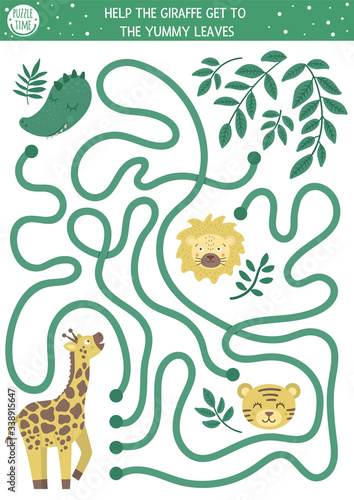 Tropical maze for children. Preschool exotic activity. Funny jungle puzzle. Help the giraffe get to the leaves. Simple summer game for kids.