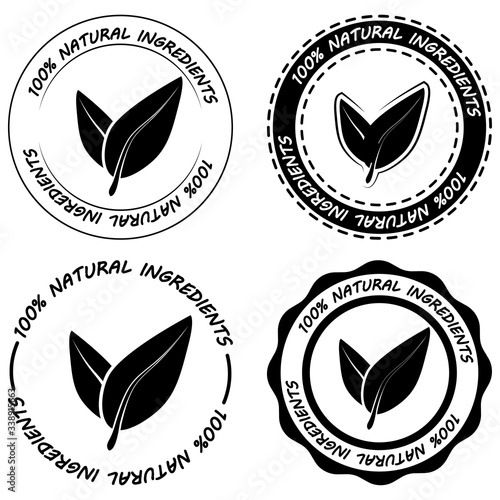 Natural ingredients. Set of organic black food labels. Fresh eco, vegetarian, natural, organic products, vegan label and eco foods icons