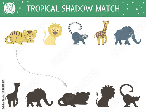 Tropical shadow matching activity for children. Preschool jungle puzzle. Cute exotic educational riddle. Find the correct tropic animal silhouette printable worksheet. Simple summer game for kids.