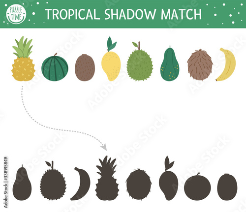 Tropical shadow matching activity for children. Preschool jungle puzzle. Cute exotic educational riddle. Find the correct tropic fruit silhouette printable worksheet. Simple summer game for kids.
