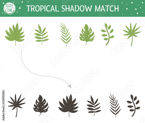 Tropical shadow matching activity for children. Preschool jungle puzzle. Cute exotic educational riddle. Find the correct tropic leaf silhouette printable worksheet. Simple summer game for kids.