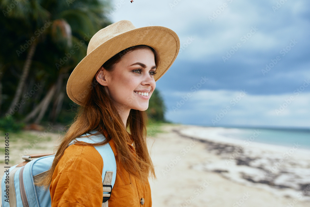 Cheerful woman travel island tropics vacation