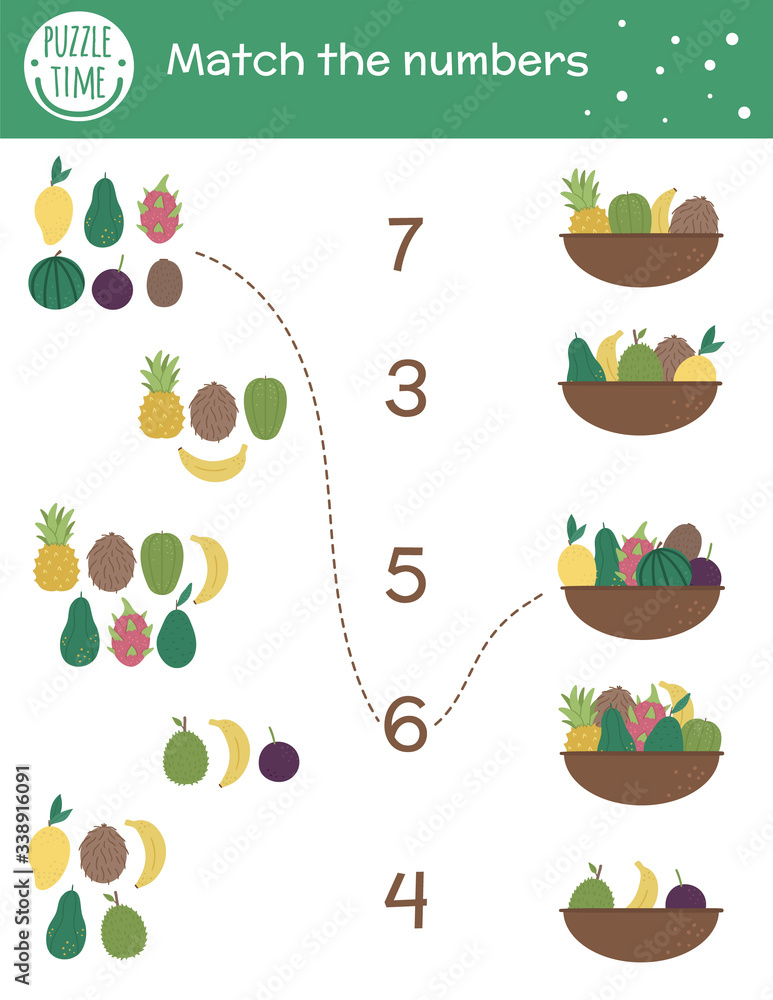Matching game with baskets and exotic fruits. Tropical math activity for preschool children. Tropic counting worksheet. Educational riddle with cute funny elements. Simple summer game for kids.