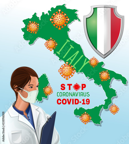 A nurse on a background of a map of Italy infected with a coronavirus. Stop coronavirus Covid-19. Vector illustration