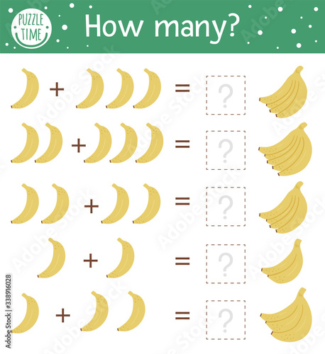 Math game with bananas. Tropical mathematic activity for preschool children. Jungle counting worksheet. Educational addition riddle with cute funny elements. Simple summer game for kids.