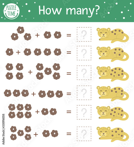 Math game with leopards. Tropical mathematic activity for preschool children. Jungle counting worksheet. Educational addition riddle with cute funny animals. Simple summer game for kids.